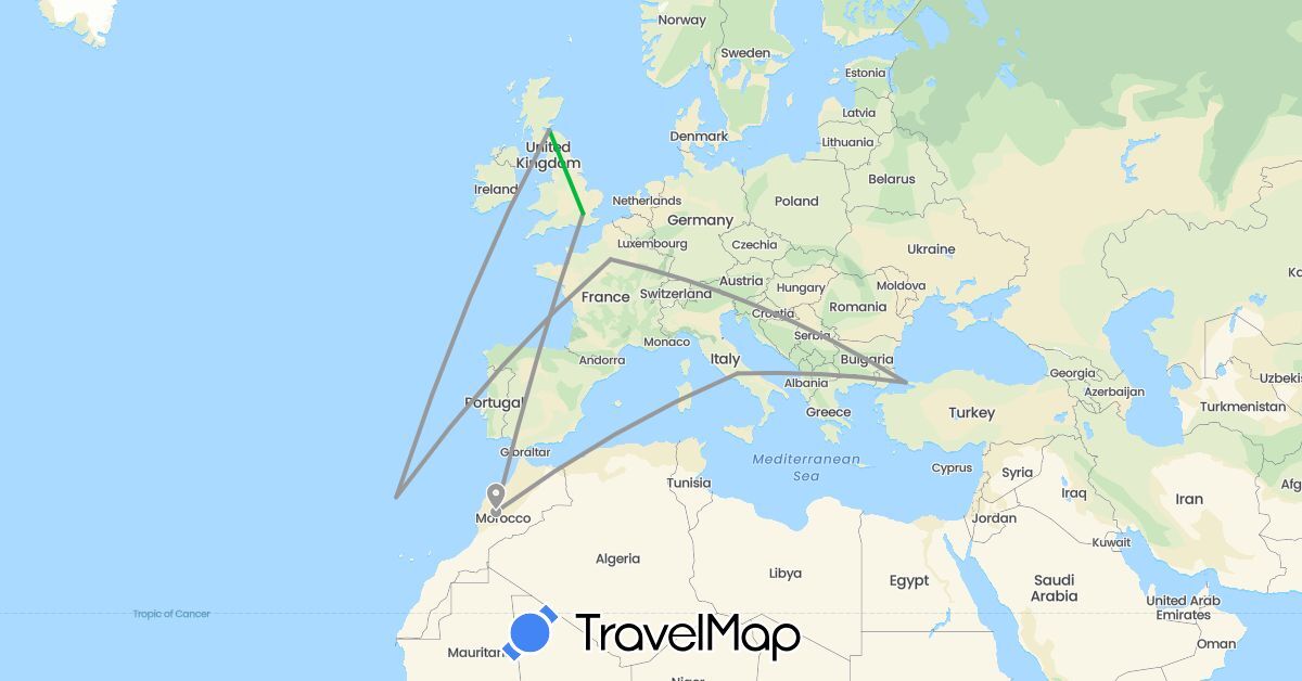 TravelMap itinerary: driving, bus, plane in France, United Kingdom, Greece, Morocco, Portugal, Turkey (Africa, Asia, Europe)